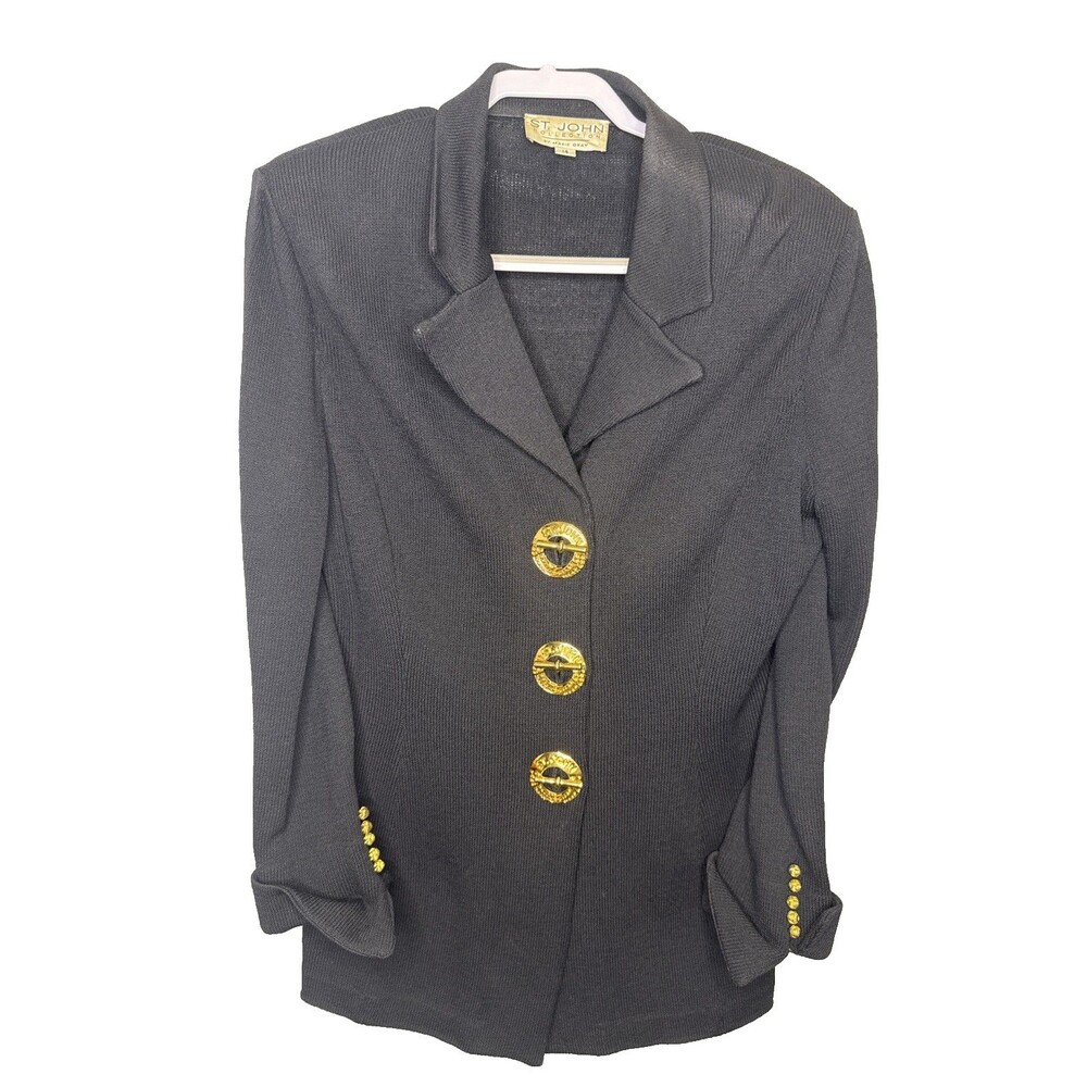 Vintage St John Collection Knit Black Jacket Gold Hardware Blazer Womens Size 14